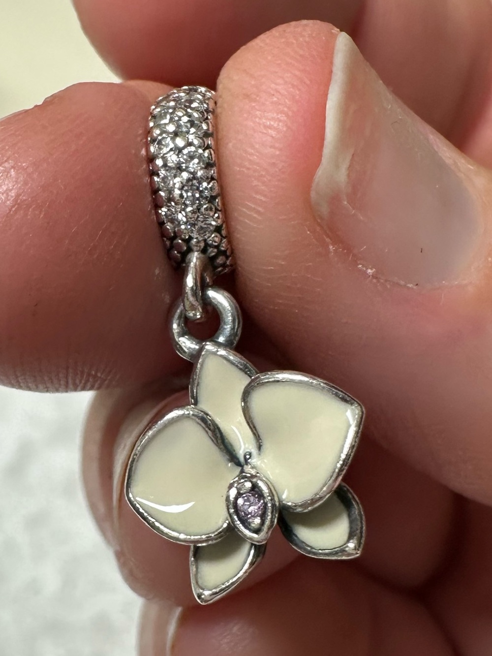 Pandora Sterling Silver and Cream Enamel Orchid Dangle Charm